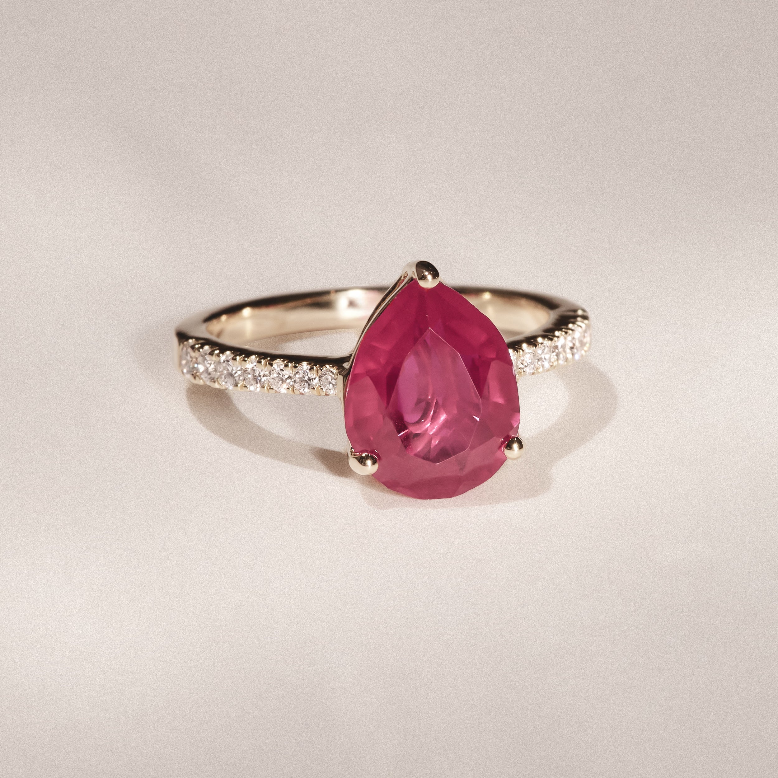 Astra 3.50ct Lab Ruby and Diamond Shoulder Set Pear Cut Ring in 18K Gold Vermeil